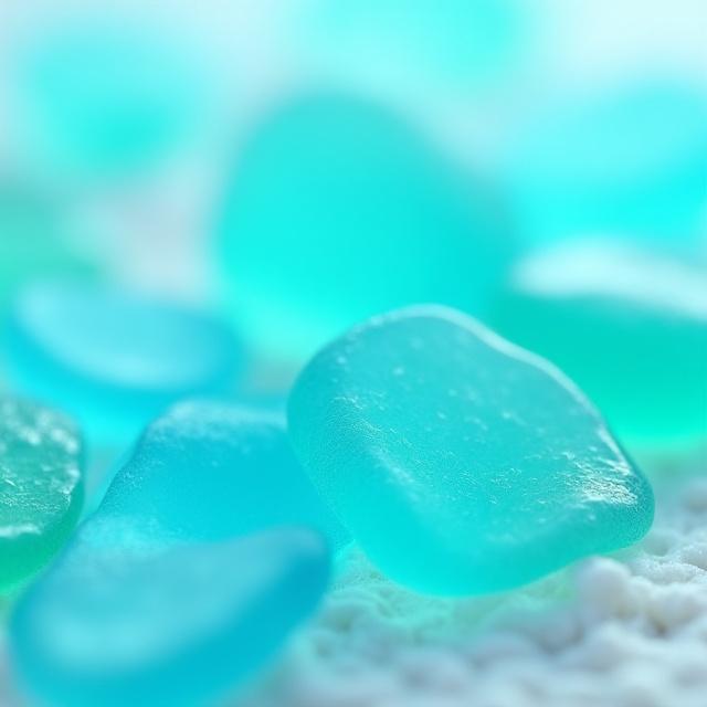 Nærbillede af blå og grønne glasdråber, der ligner havglas