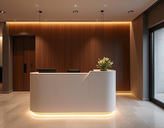 Zona de recepción de una oficina boutique con un mostrador de diseño.